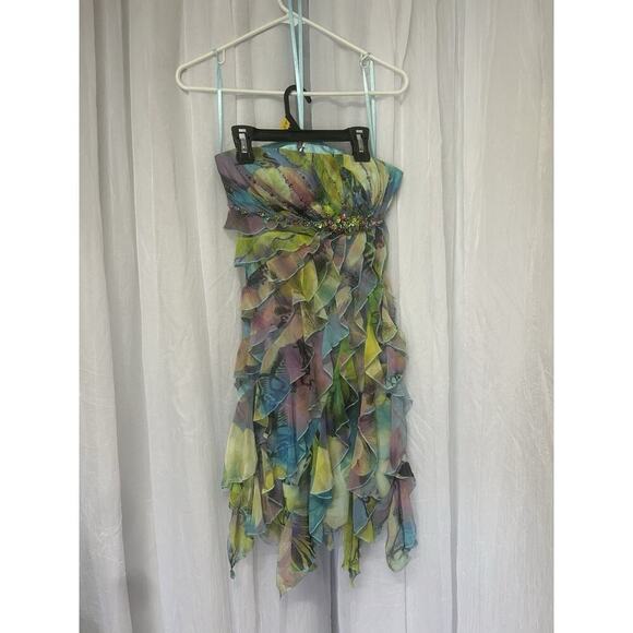 VTG Y2K 90s Fairycore cache Floral Asymmetrical Dress Beaded Strapless Sz 2 - Picture 3 of 14